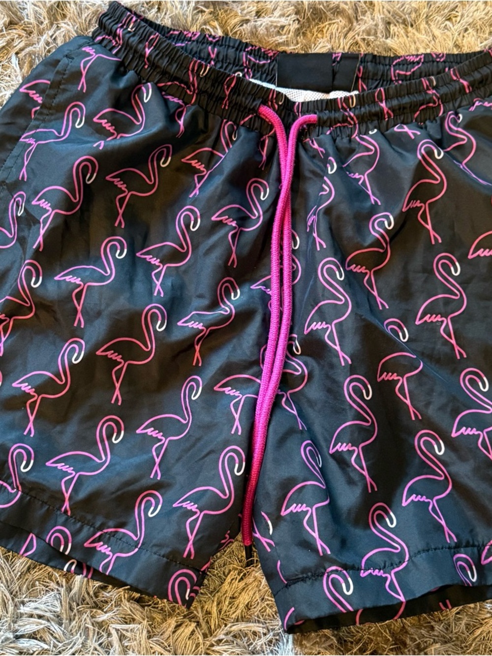 Wesc Men Swim Shorts Black with Pink Flamingo Print